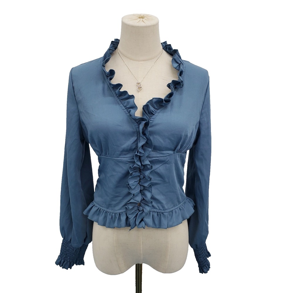 True Destiny Womens Button Front Ruffle Crop Top Size M Blue Balloon Sleeve